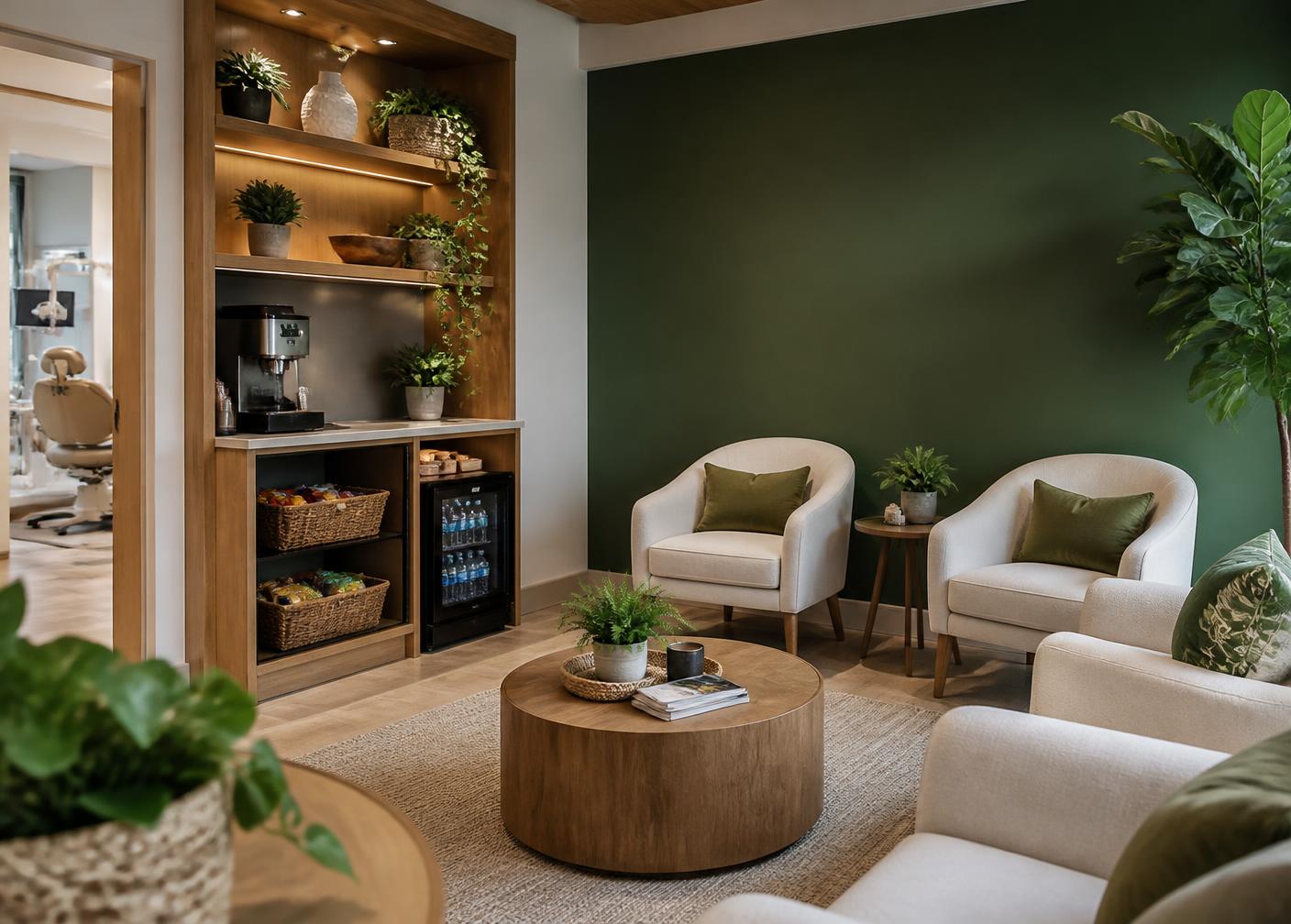 Pine Grove Dental Care waiting lounge with a coffee and snack bar