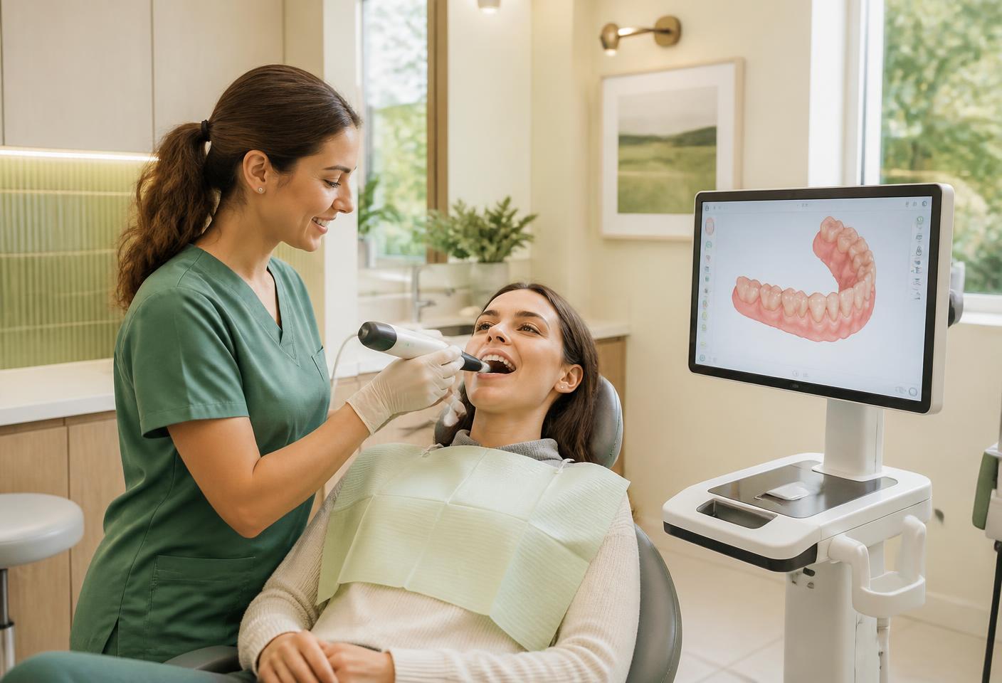 TRIOS 5 digital scanner beside a screen showing a 3D scan of teeth